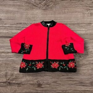 Tiara International Women’s Christmas Women’s Poinsettia Sweater Cardigan L